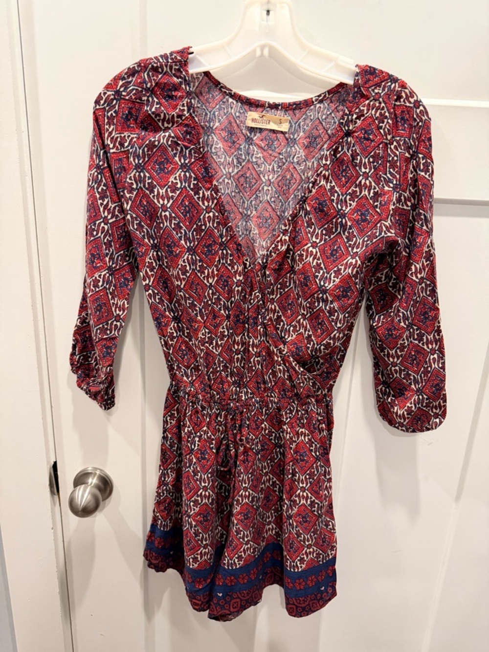 Hollister Boho Romper Small Red Blue V Neck Cinched Waist Festival Summer